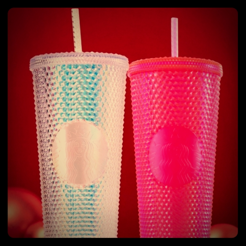 Pink and white studded Starbucks Cups
